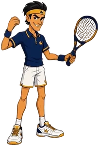 Duke, smug, racket in hand