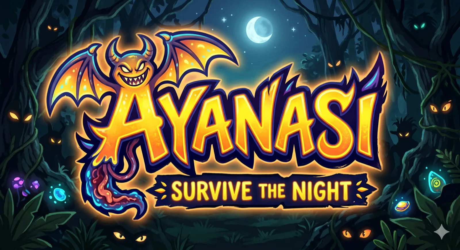 Ayanasi: Survive the Night. The game's title over a dark forest full of glowing eyes