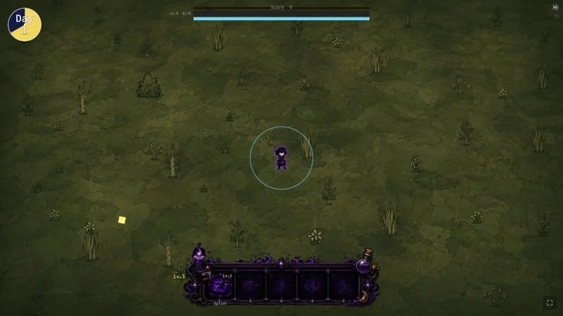 Gameplay: Ylise standing in the forest clearing on Day 1, shield ring around her, a power-up nearby and her skill bar at the bottom