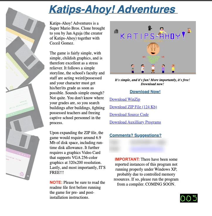 Screenshot of the 2004 download page for Katips-Ahoy! Adventures, with floppy disks down the side
