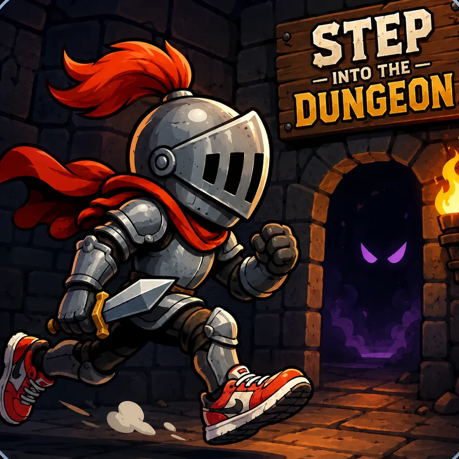 STEP Into The Dungeon — a knight running toward a dungeon entrance